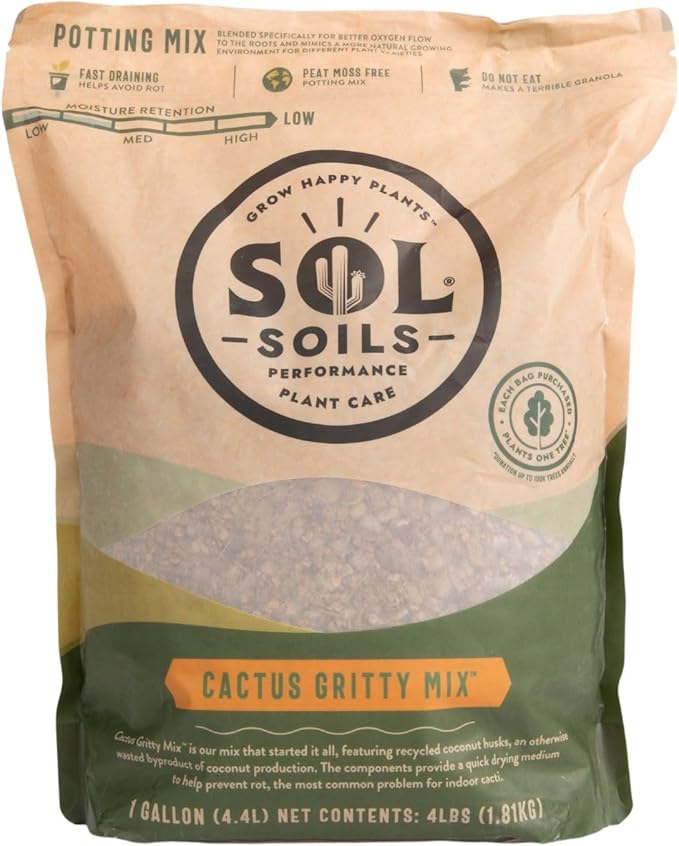 Sol Soils Cactus Gritty Potting Mix - Fast Draining, Peat Moss Free - 1 Gallon - Coconut Husk, Granite, Clay, Pumice