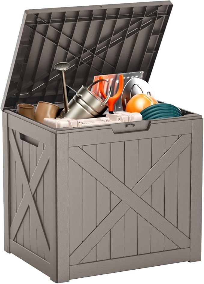Vixzen 32 Gallon Resin Deck Box - Lockable Outdoor Storage for Patio Cushions, Garden Tools, Pool Supplies（Grey，32 Gallon）