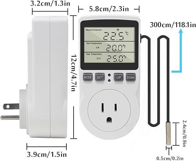 KETOTEK Digital Thermostat Outlet Plug Temperature Controller Outlet Socket 120V Heating Cooling Control 110V 15A Celsius Fahrenheit Display White
