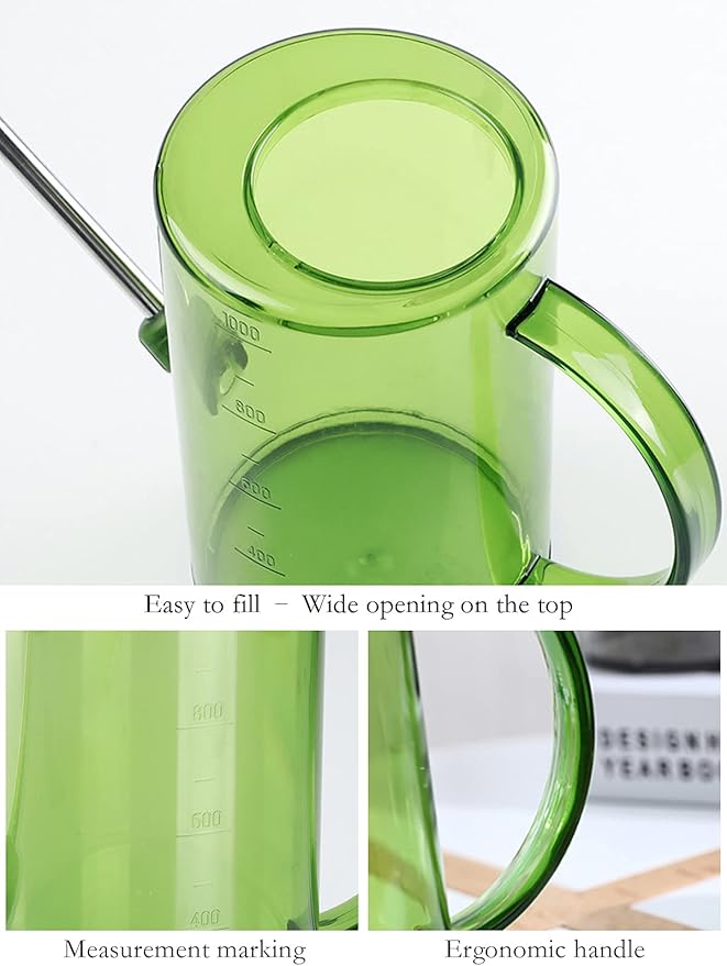 Plastic Watering Can, Plant Watering Can with Stainless Steel Long Spout, 1L/34oz Clear Measurement Markings Long Spout Watering Can for Indoor Plants, House Plants and Flowers Easy Fill-Green