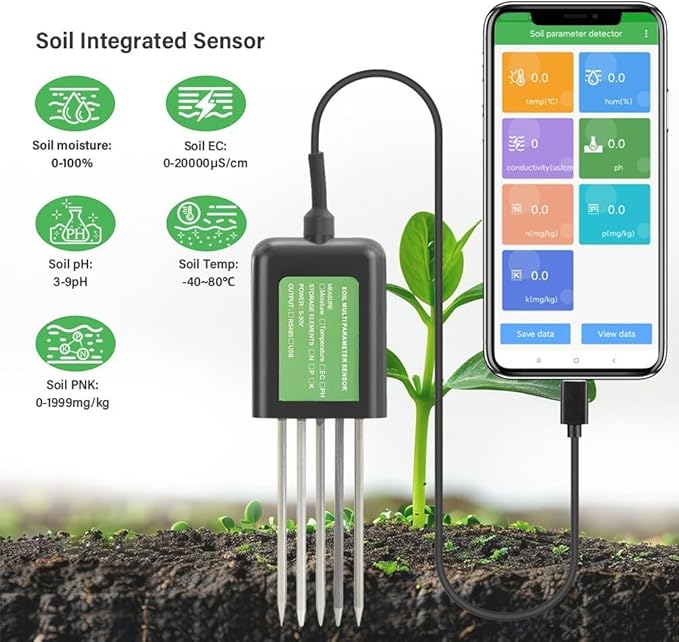 USB Soil Sensor 7-in-1 Tester For Moisture, Soil Analysis Tool, Temperature, PH & NPK Nutrients - IP68 Digital Meter For Agriculture, Gardening & Research Farming, Floriculture