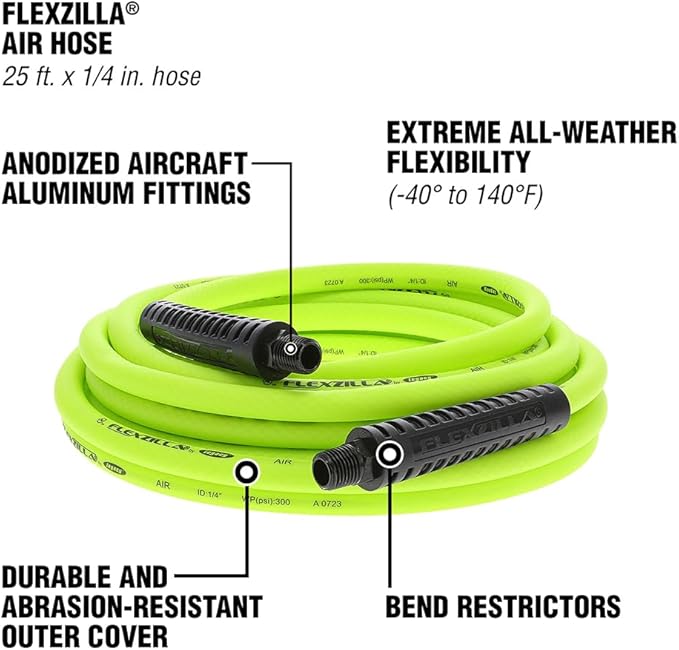 Flexzilla Air Hose, 1/4 in. x 25 ft., 1/4 in. MNPT Fittings, Heavy Duty, Lightweight, Hybrid, ZillaGreen - HFZ1425YW2