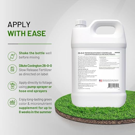Covington ProLine 26-0-0 NPK Liquid Lawn Slow Release Fertilizer (1 Gal) – High Nitrogen Lawn Food for Summer Growth – Promotes Deep Green Color & Resilient Turf – Ideal for Heat-Stressed Lawns