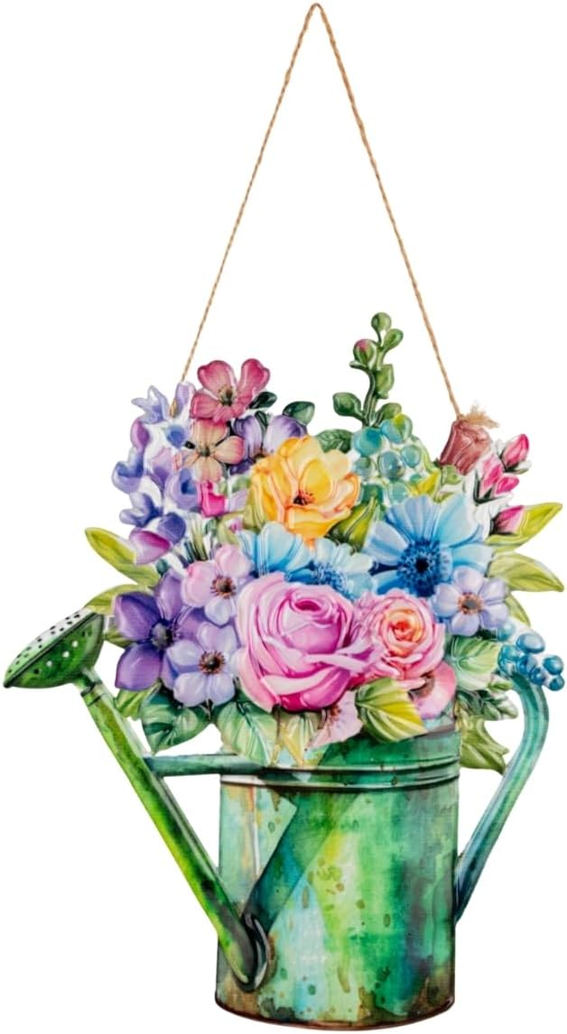Quterhero Watering Can Flower Wall Decor, Metal Hanging Art for Indoor Outdoor Wall or Porch, Vintage Farmhouse Porch Decor Gift for Mom, Women, Friends(Cherry Blossom)