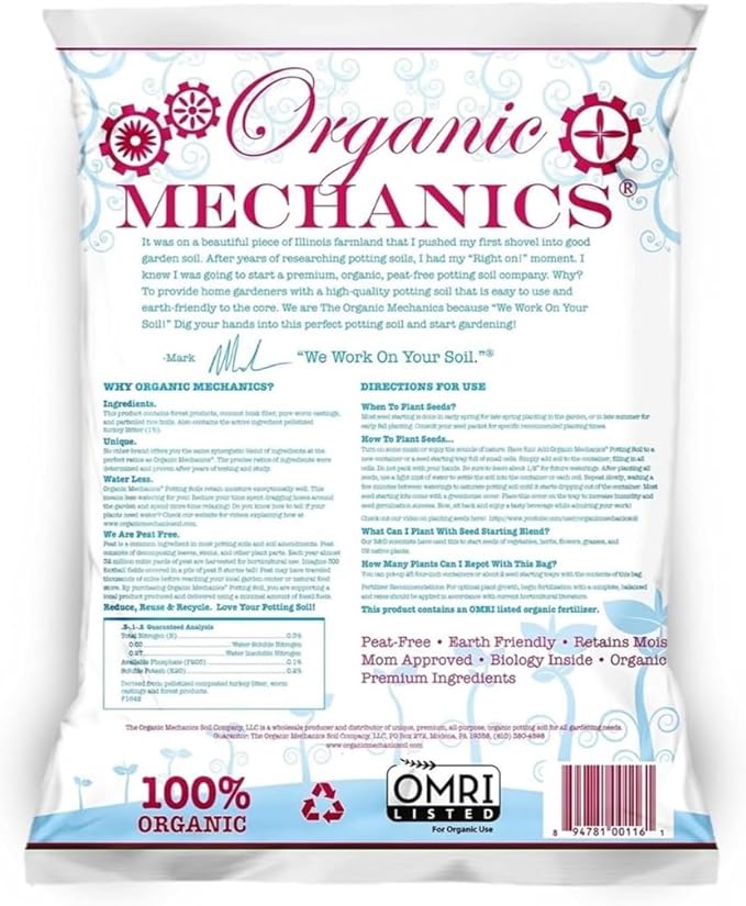 Organic Mechanics Seed Starting Potting Soil Blend, 8 qt – Provides Optimal Seed Germination with Coconut Coir, Aged Pine Bark, Rice Hulls, and Worm Castings – Peat-Free & Eco-Friendly