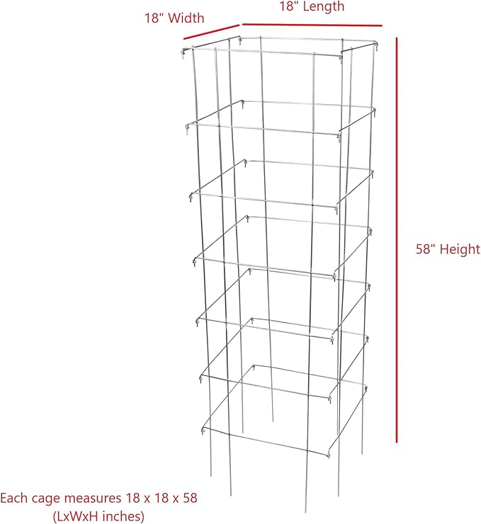 Garden Elements Square Tomato Cage, 58 Inch (Pack of 3) – Heavy Duty Galvanized Steel Plant Support, Collapsible Garden Trellis with 8-Leg Stability for Climbing Vegetables & Vines
