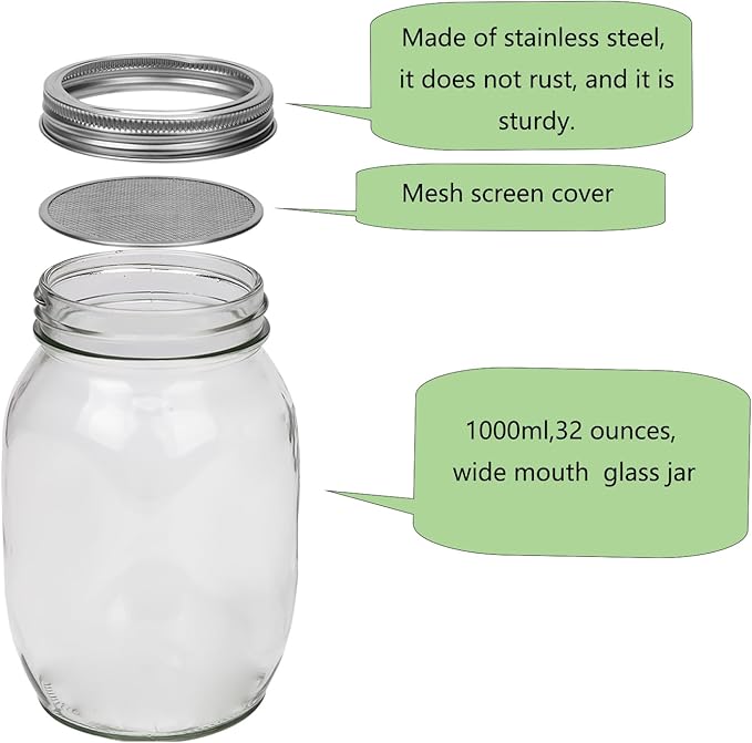 4Pack Sprouting Kit,1000ml Sprouting Jar with Mesh Lids and Stands, Microgreens Sprouts Growing Kit, Broccoli Sprouts Seeds Sprouting Jars with Screen Lids,Blackout Sleeves, Tray