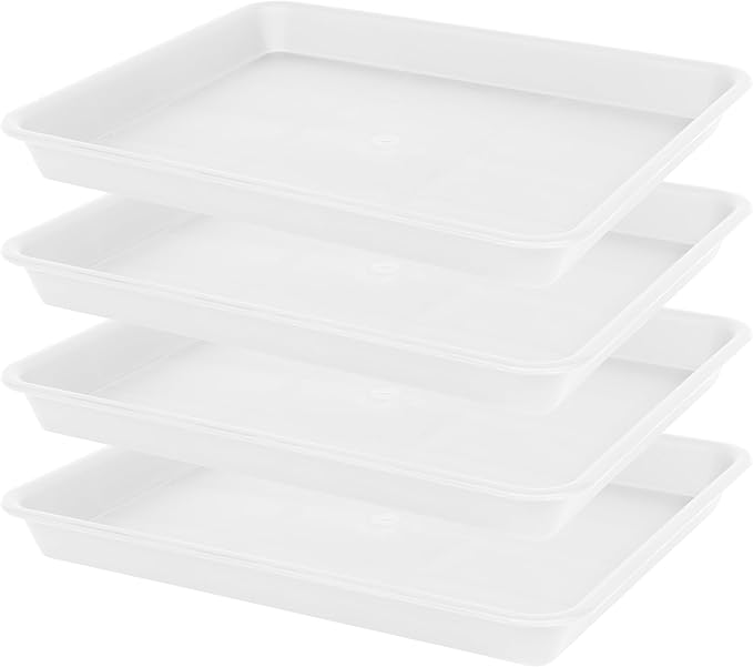 VUWEZ 4 Pack Plant Saucer Tray Rectangular, Plant Saucers for Indoors, Heavy Sturdy Plastic Plant Drainage Trays, Plant Drip Trays for Pots, Seed Starter Growing Tray (11 x 9, Creamy White)