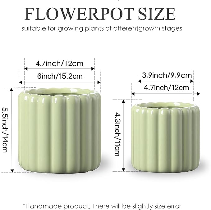Ceramic Plant Pots,6 inch+4.7 Inch Planter Pot with Drainage Holes,Ceramic Planters for Indoor Plants,Modern Flower Pots for Indoor Outdoor Plants House & Office Décor,Green