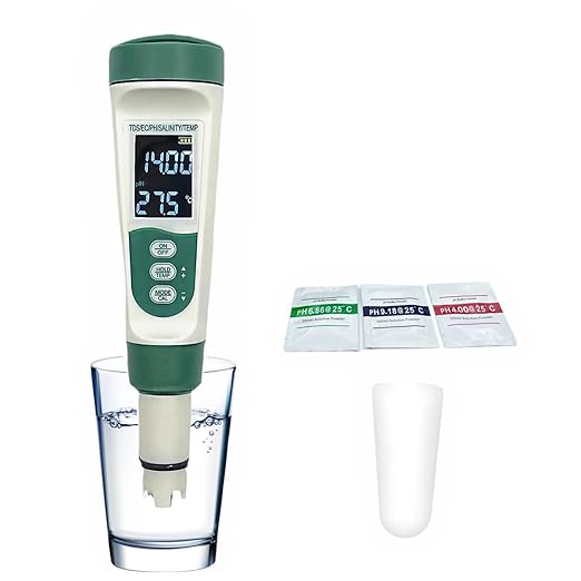 Aquarium Salt Tester - Pool Test Strips, Digital PH Meter for Water, Aquarium Monitoring Tool, Pond Checker, Fish Tank Water Analyzer, 5-in-1 Salinity, PH, TDS, EC, and Temperature Meter