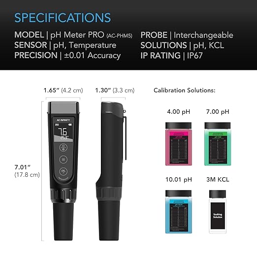 AC Infinity pH Meter PRO Kit, High Precision Digital pH Pen with ±0.01 pH Accuracy and Interchangeable Probe, Nutrient Test pH Meter for Water Hydroponics Plants, Gardening, Aquariums, Swimming Pools
