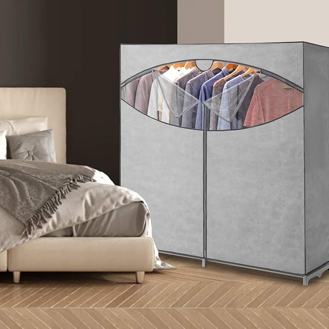 Wardrobe Clothes Storage Organizer Closet with Hanging Rack - Extra Wide - Grey Color - No-Tool Assembly - Extra Strong and Durable - 60" L x 19.5" W x 64"