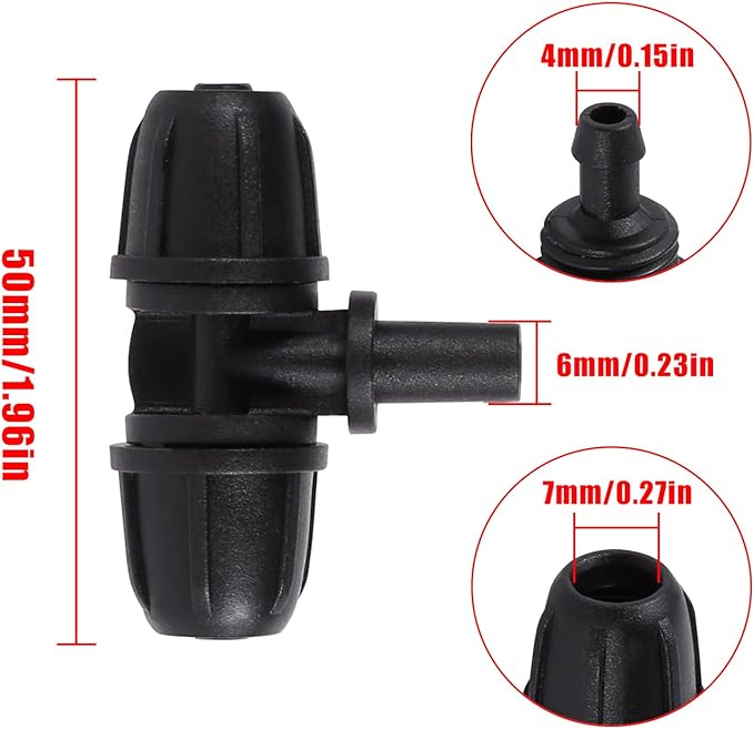 6mm to 1/4 Inch Barb Tee for for ¼ in. tubing; Tubing Outside Diameter (OD) is 0.250 in., Internal Diameter (ID) is 0.170. in. (20Pcs/Pack) (Black-1/4" to 6mm)
