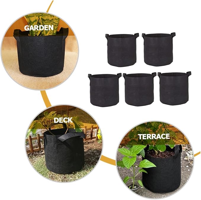 5pcs Non-Woven Plant Growing Bags with Handles, Breathable Flower Nursery Pots for Gardening and Seedling Cultivation, Thickened Black Fabric Grow Bags 25x20cm