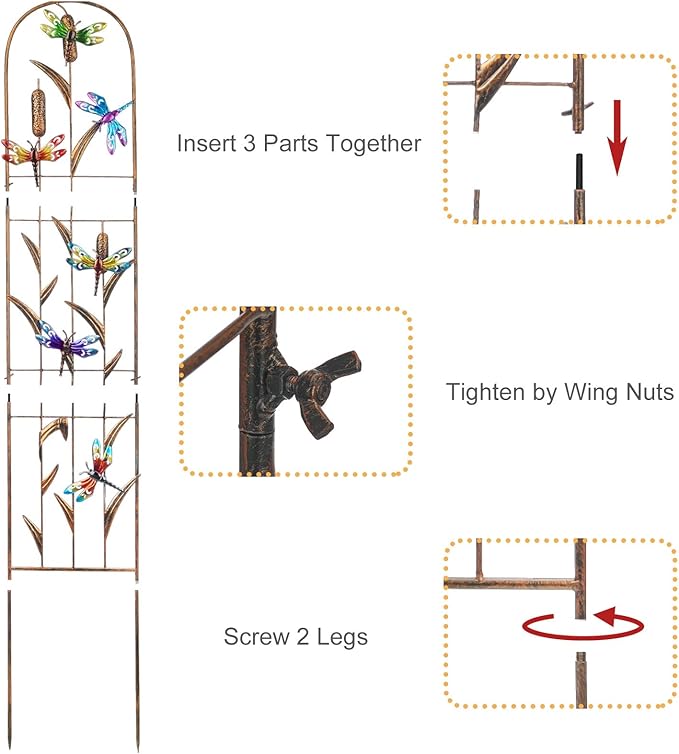 2 Pack Metal Garden Trellis with Colorful Dragonfly 60 Inch High Outdoor Decoration Arched Fence Trellis for Climbing Plants for Patio, Lawn, Yard, Backyard, Wall Brackets
