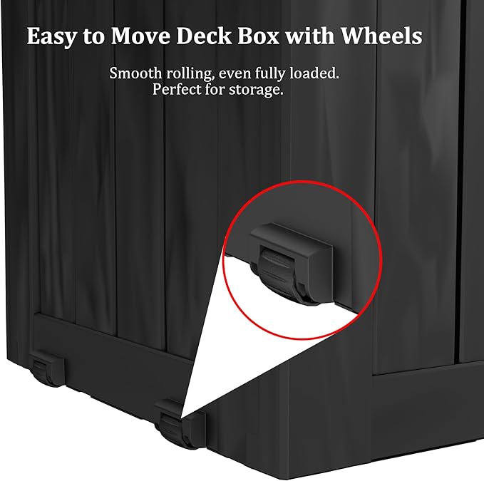 Outdoor Storage Box Waterproof with Wheels, 76 Gallon Lockable Resin Deck Box Patio Storage Bin for Pool Accessories Cushion Furniture, Garden Tools, UV-Resistant Outside Delivery Black