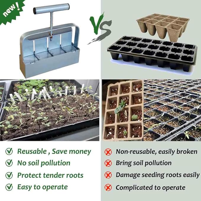 Handheld Soil Blocker Tool Kit - 4 Cell Heavy Duty 2 Inch Seed Starter Soil Block Maker for Seedlings, Cuttings, Greenhouses and Gardens (Ergonomic Design, Durable Metal Construction)