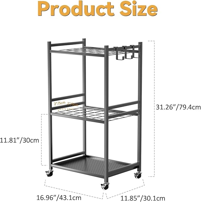 Garden Garage Tool Organizer 35-Slot with Wheels, Adjustable Feet Yard Tool Rack for Shovels, Rakes, Brooms and Cleaning Equipment Black