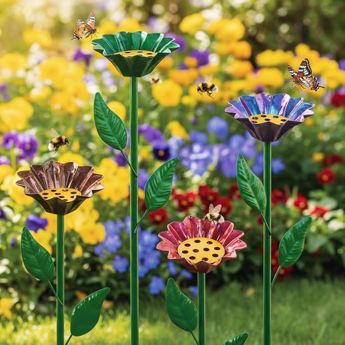 dreamysoul 4 Pack Bee Watering Station, 2-in-1 Bee Feeder & Waterer with Flower Design for Garden Yard