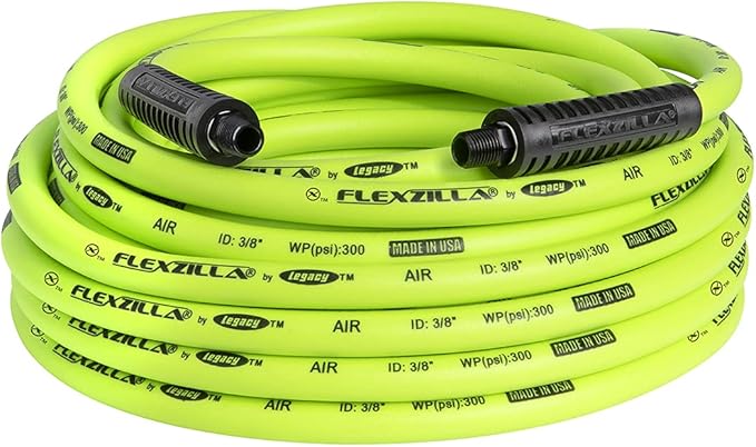 Flexzilla Open Face Retractable Air Hose Reel, 3/8 in. x 50 ft., Heavy Duty, ZillaGreen - L8611FZ & Air Hose, 3/8 in. x 50 ft., 1/4 in. MNPT Fittings, Heavy Duty, Lightweight, Hybrid, ZillaGreen