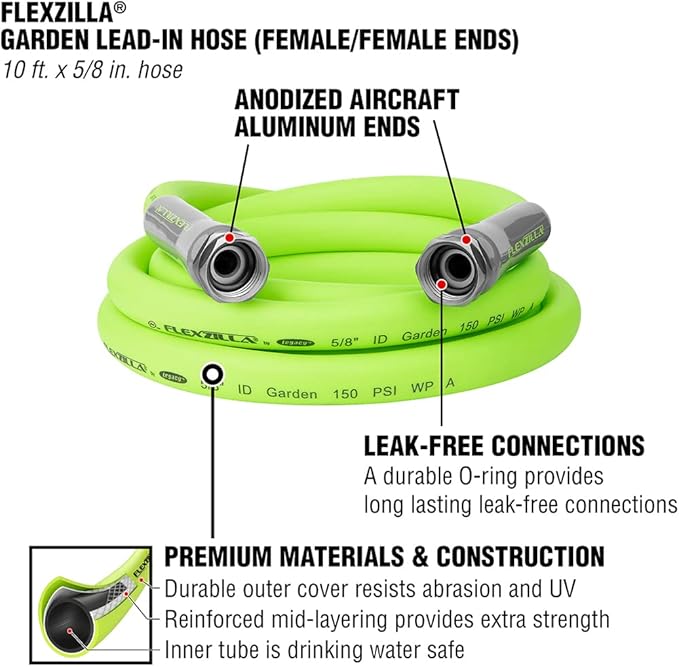 Flexzilla Garden Lead-In Hose, 5/8" x 10', Female to Female Fittings (3/4" - 11 1/2 GHT)