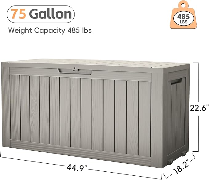 Outdoor Storage Box, 75 Gallon Deck Box Waterproof, Resin Patio Storage Bin for Package Delivery, Patio Furniture Cushion, Garden Tools, Pool Accessories, Weatherproof, Black