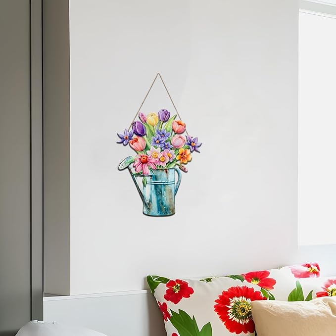 Quterhero Watering Can Flower Wall Decor, Metal Hanging Art for Indoor Outdoor Wall or Porch, Vintage Farmhouse Porch Decor Gift for Mom, Women, Friends (Tulip)
