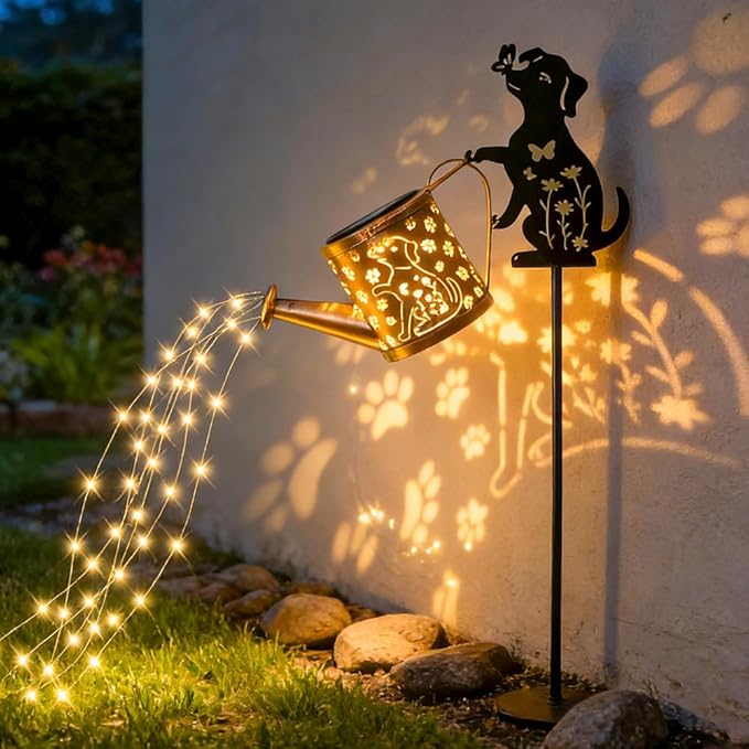 Outdoor Solar Dog Garden Decorative, 2 Pcs Solar Watering Can with Light, Featuring Metal Dog Statue Silhouette Stake, Day Gift for Women, for Outside Landscapes, Lawn, Garden Path Decoration