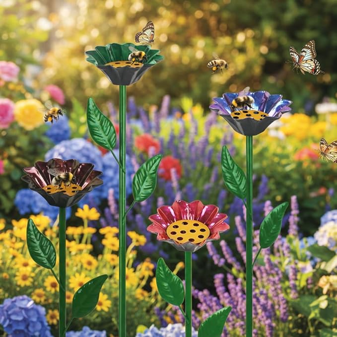 dreamysoul 4 Pack Bee Watering Station, 2-in-1 Bee Feeder & Waterer with Flower Design for Garden Yard