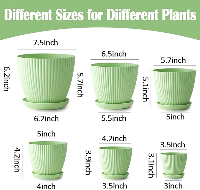 RooTrimmer 7.5/6.5/5.5/4.9/4.2/3.5 Inch Plant Pots with Saucers & Drain Holes - Indoor/Outdoor Flower Pots for Succulents, Herbs, Cactus - Modern Lightweight Durable Planter Set, Green