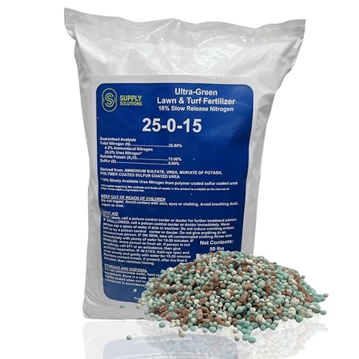 Supply Solutions 25-0-15 Ultra Green Lawn and Turf Fertilizer - 16% Slow Release Nitrogen - Promotes Lush, Green Lawns and Strong Root Growth, Reduces Mowing Frequency (50 Pounds)