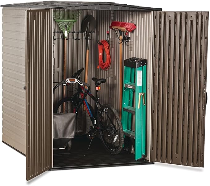 Rubbermaid Large Vertical Resin Outdoor Storage Shed With Floor (5 x 6 Ft), Weather Resistant, Brown, Organization for Home/Backyard/Garden Tools/Lawn Mower/Bike Storage/Pool Supplies