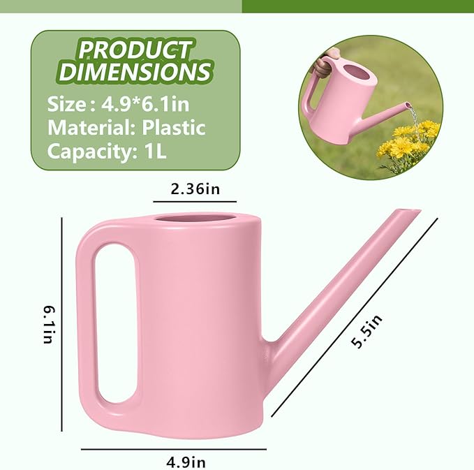 Plastic Watering Can - for Indoor and Outdoor Home Garden Plants - with Long Spout - Pink - 1/4 Gallon