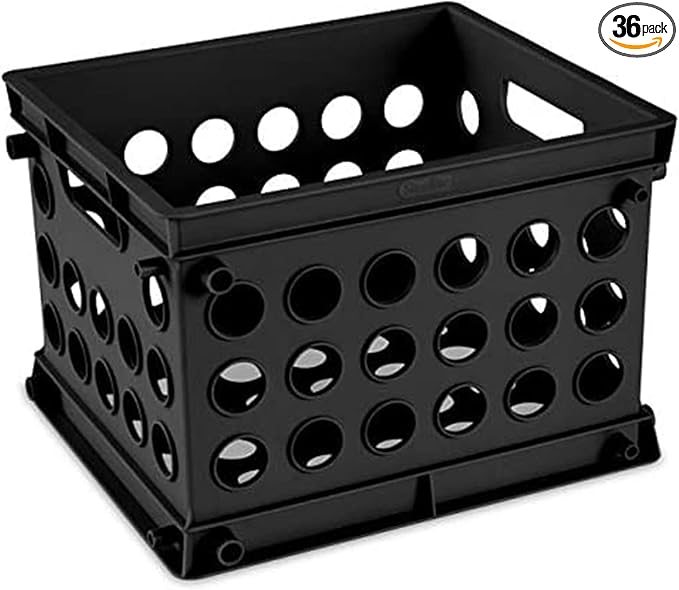 Sterilite Mini Crate, Stackable Plastic Storage Bin with Handles, Organize Home, Garage, Office, School, Dorm Room, Black, 36-Pack