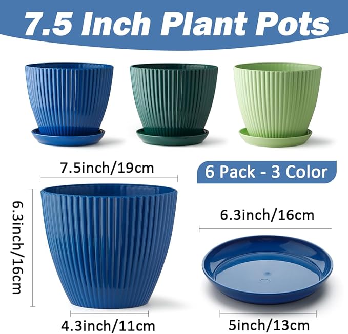 RooTrimmer Plastic Plant Pots, 6 Pack 7.5 Inch Flower Pots with Drainage Holes and Saucer, Planters for Indoor Outdoor Plants, Stylish Decor for Home and Garden(Blue, Green, Dark Green)
