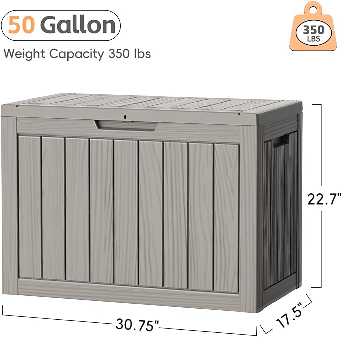 Outdoor Storage Box, 50 Gallon Deck Box Waterproof, Resin Patio Storage Bin for Package Delivery, Patio Furniture Cushion, Garden Tools, Pool Accessories, Weatherproof, Grey