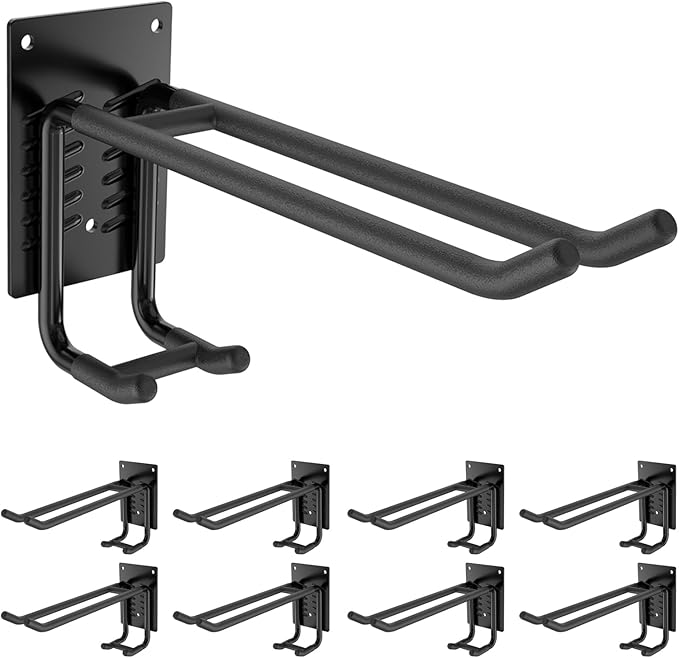 8 Pack Garage Hooks Heavy Duty 10 INCH Two-Tier Steel Shed Wall Mount Workshop Garage Storage Organizer Hooks for Hanging Garden Tool, Hose, Ladder, Chairs, Bikes with Anti-Slip Coating