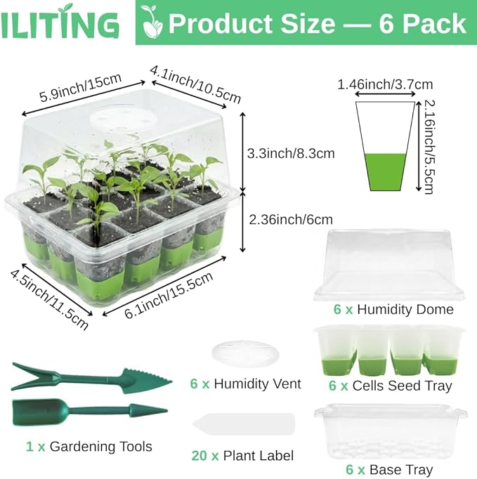 Seed Starter Kit 6 Pack, Reusable Silicone Seedling Starter Trays 72 Cells Seed Starter Tray, with Humidity Dome, Foldable Design for Easy Transplanting