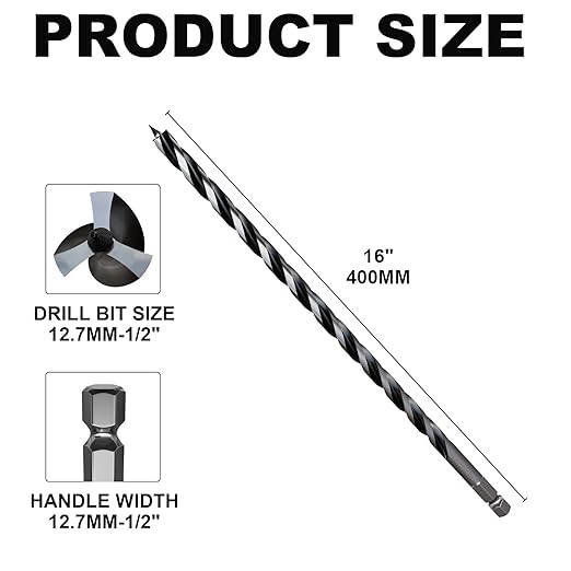 1/2"×16" Professional Auger Drill Bit for Wood with Quick Change 1/2" Hex Shank- 3-Cutter Design with Dual-Flute for Fast Chip Removal, Fits Hardwood, Softwood, PVC, Drywall & Tree Stumps
