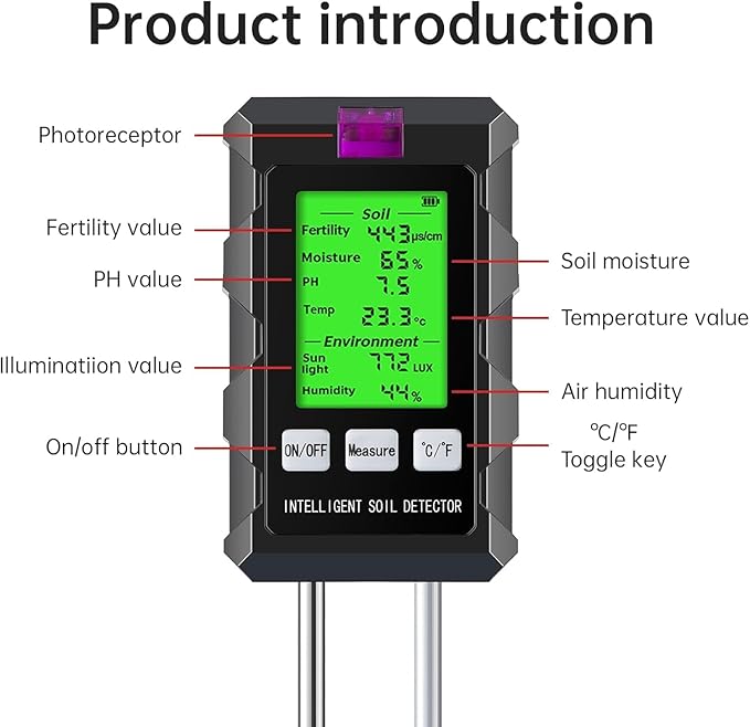 6-in-1 Soil Moisture Meter, 2026 Dual Probe Soil Tester, Moisture/pH/Temperature/Sunlight/Air Humidity/Fertility, Perfect for Farming, Gardening, Lawns, Outdoor (2*AAA Battery Needed)
