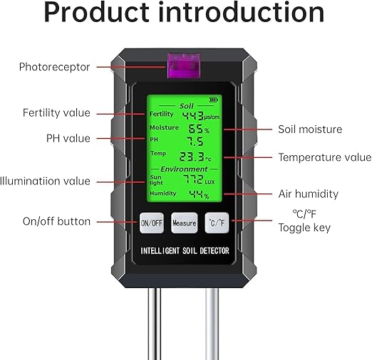 6 in 1 Soil Moisture Meter with pH, Nutrient, Sunlight, Temperature & Humidity for Farming, Gardening and Outdoor Plants Soil Tester (2*AAA Battery Needed)| Factory-Permanent Calibration