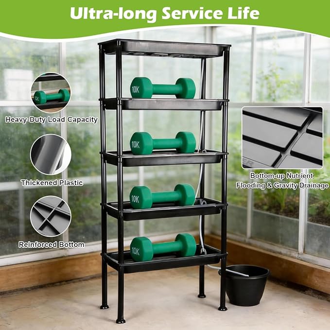 5-Tier Seed Starter Tray, Plant Stand with Grow Lights & Pump - Hydroponics Growing System, Ebb and Flow Seedbeds, Siphoning Watering, Designed for Nursery Cell Trays, Plant Pots