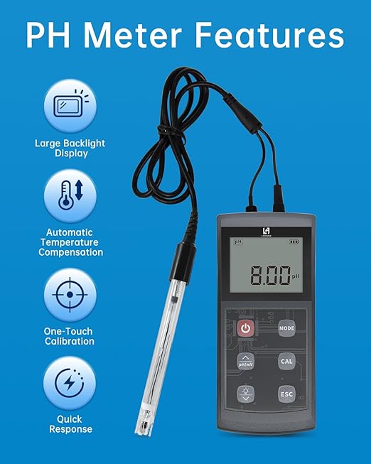 Portable pH Meter, High Accuracy, Large Backlight Display, pH Tester with ATC, Digital pH Meter for Drinking Water/Lab/Pool/Biomedicine/Aquarium, 0-14 Measurement Range