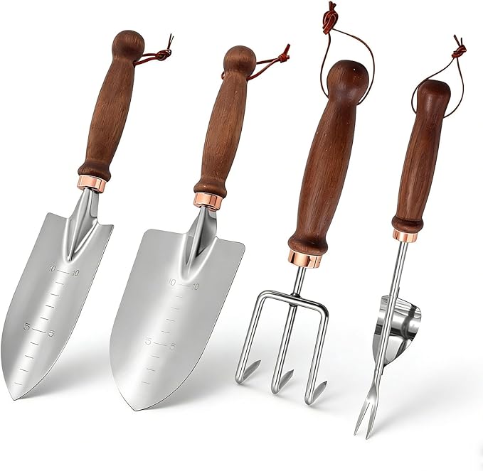 Gardening Tools, 4 Pack Garden Tool Set with Wooden Handles Hand Tools with Transplanting Hand Shovel, Rake and Root Picker Ideal for Digging and Planting