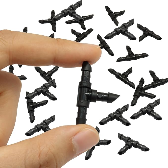 Drip Irrigation Tee Fittings Kits - 120 Pieces 1/4 Inch Barbed Connector Kit for Leak-Proof Garden Watering System, Robust Plastic Tube Fittings for Lawn, Greenhouse & Raised Beds (Black)