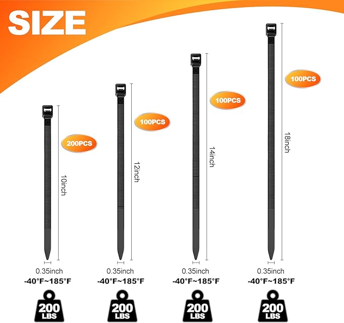 10''+12''+14''+18'' Zip Ties Assorted Sizes, 500 Pack 200 LBS Black Cable Ties - Heavy Duty Nylon Wire Ties, Self-Locking, UV Resistant for Indoor/Outdoor Us
