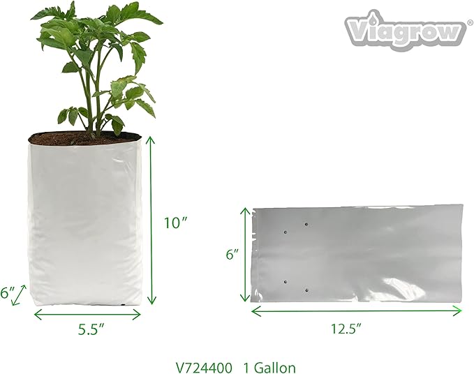 Viagrow Grow Bags Thick Plastic Grow Bags for Potting, Seedlings, Rootings, 1 Gallon 100 Pack, White