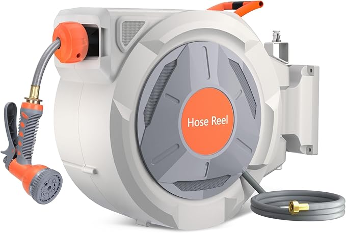 Retractable Garden Hose Reel, 5/8 in x 65 ft Wall Mounted Water Hose Reel with 9 Function Sprayer Nozzle, Any-Length Lock, Automatic Slow Rewind System, 180° Swivel Bracket for Yard, Garden, Outdoor