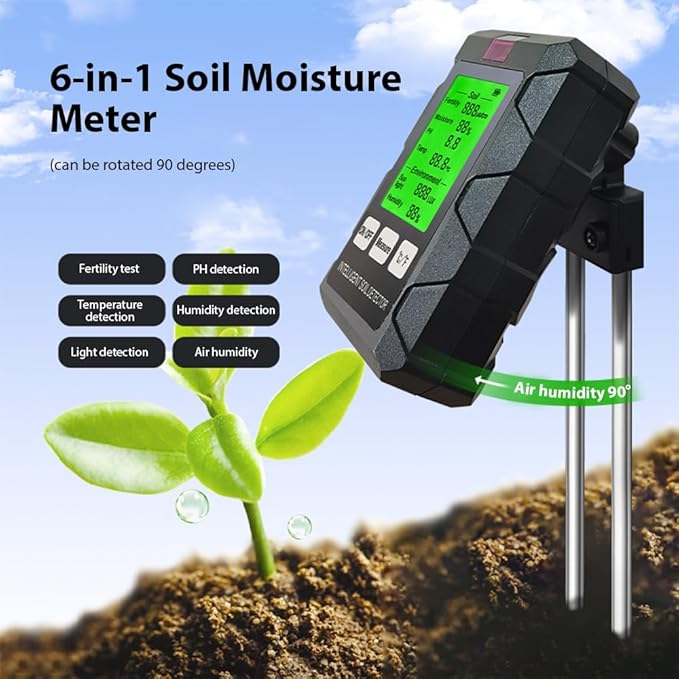 Soil Moisture Meter 6-in-1 Soil Ph Meter Moisture/Fertility/pH/Temperature/Humidity/Light 90-Degree Rotatable Backlight LCD display Soil Tester Gardening Tool for Lawn Farm Garden Indoor Outdoor Use