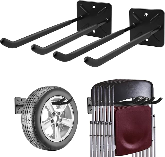 Sinoer Heavy Duty Garage Double Hooks, Ladder Hooks for Garage Wall Mount, 80KG Load Capacity, 32CM Extended Length, Multi-Functional Storage Hooks for Ladders, Bikes, Tools, Garden Equipment-(6 Pack)